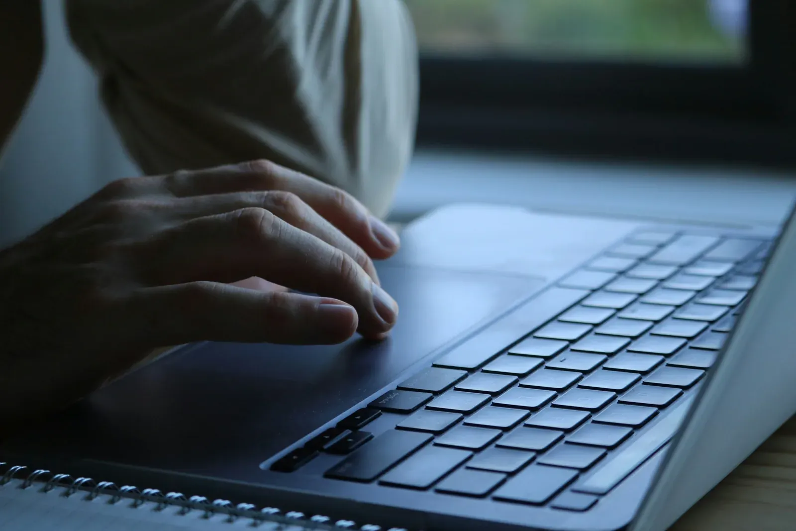 Hands typing on a laptop beside a notebook by a window